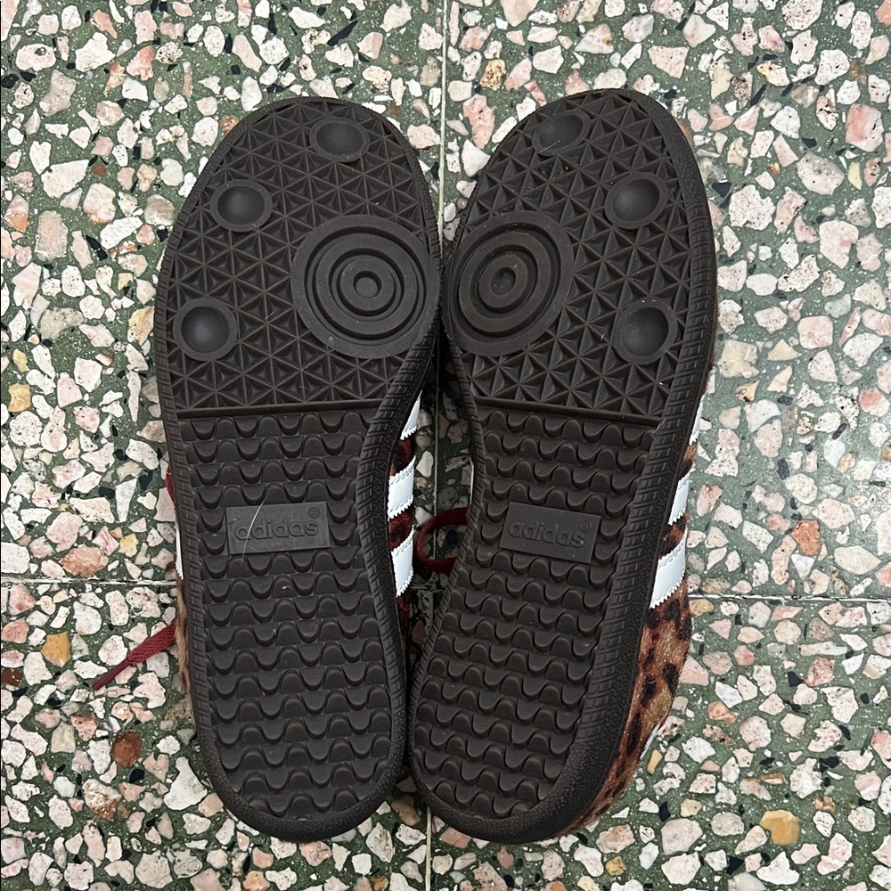 adidas Leopard Print Gazelle-Style Sneakers with White Stripes and Brown Sole - Picture 2 of 4